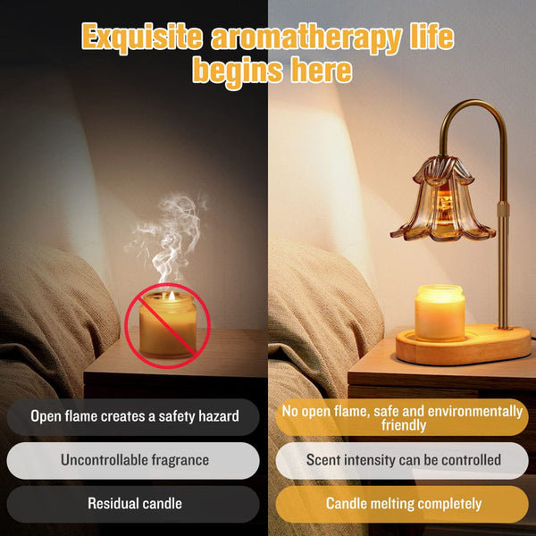 Electric candle warmer lamp with wooden base and metal curved arm warming a yellow candle safely without flame.