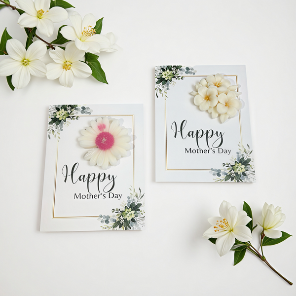Two Handmade Soy Wax Candle Cards with floral designs and "Happy Mother's Day" text, one with a white flower candle and one.