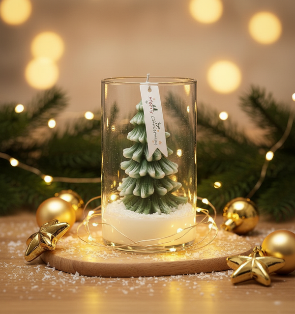 Glass jar candle with a green pine tree-shaped wax inside, surrounded by golden ornaments and warm fairy lights.