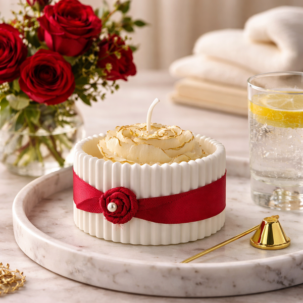 White ceramic jar candle with scalloped edge design, red ribbon, and decorative flower on marble tray.