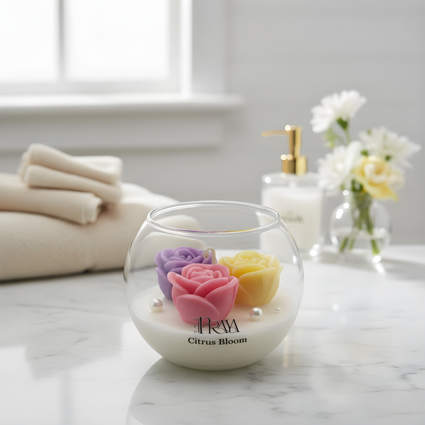 Round glass jar candle with pink, purple, and yellow rose-shaped wax flowers on white wax labeled Citrus Bloom.