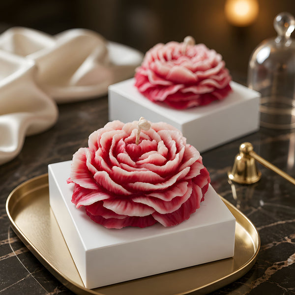 Large white and pink peony flower candle with realistic petals, decorative floral candle for home décor and gifts