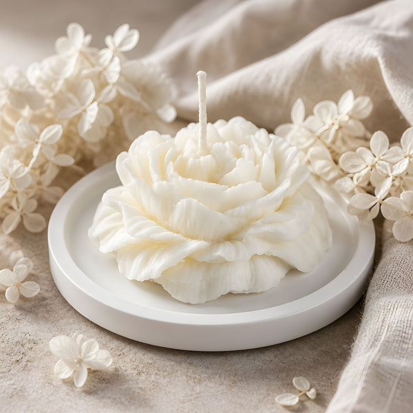 Aesthetic large peony flower candle in soft white tones, ideal for wedding décor and gift ideas