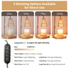 Electronic candle warmer lamp with wooden base and metal cage shade showing four dimming light options and remote control.