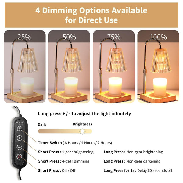 Electronic candle warmer lamp with wooden base and metal cage shade showing four dimming light options and remote control.
