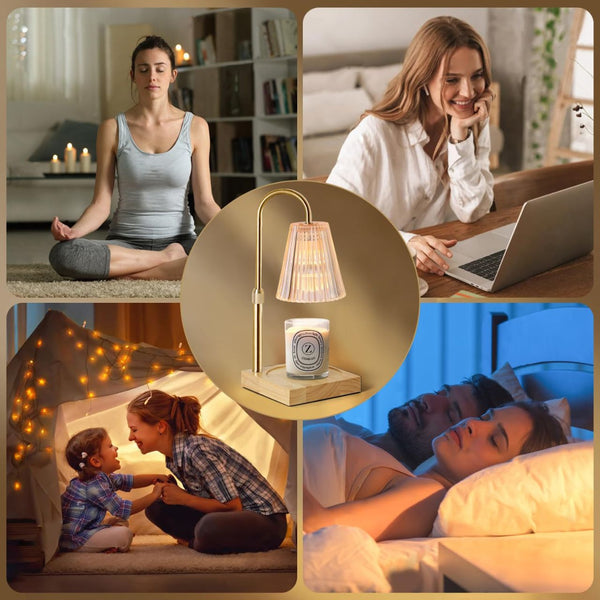 Gold electronic candle warmer lamp with a clear cylindrical shade and white candle base on a wooden surface.