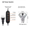 Black electronic candle warmer lamp timer switch with labeled buttons and a GU10 light bulb displayed with dimensions.