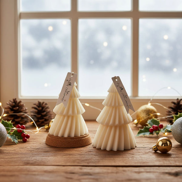 Two cream-colored Christmas tree-shaped candles with wooden tags on a wooden table, surrounded by holiday decor and blurred.