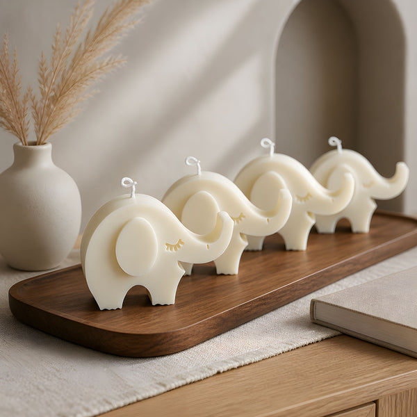 Cute white elephant soy wax candle for kids party favors, birthday decorations, and baby shower gifts