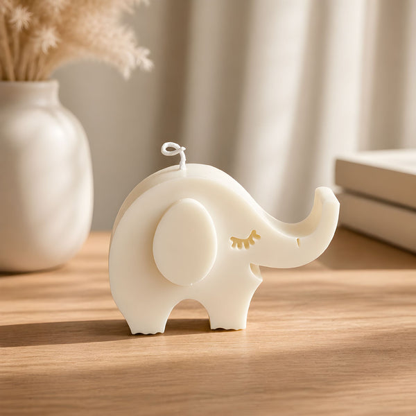 Cute white elephant soy wax candle for kids party favors, birthday decorations, and baby shower gifts