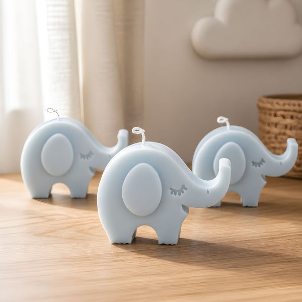 Blue elephant soy wax candle for boys birthday parties, baby shower favors, and themed event decorations