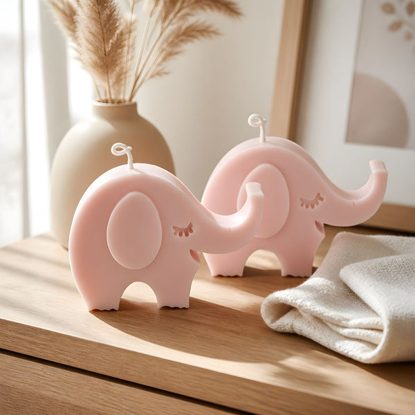Pink elephant scented soy wax candle for girls birthday parties, baby showers, and cute party décor