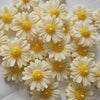 Creamy white daisy-shaped candles with bright yellow centers arranged on a white fabric surface.