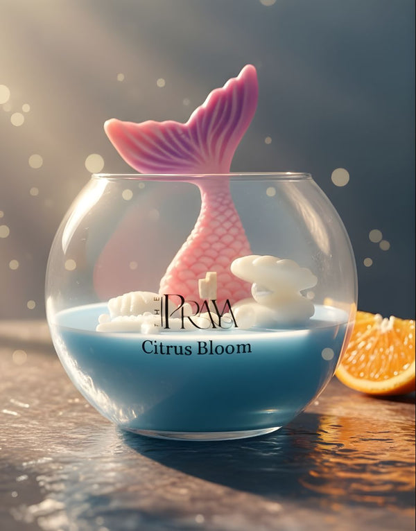 Round glass jar candle with blue wax and pink fish tail wick topper labeled "TRWA Citrus Bloom".