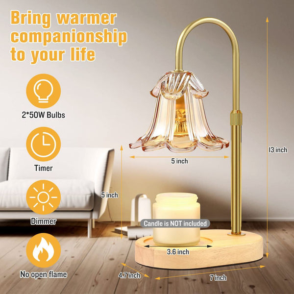 Electric candle warmer lamp with curved gold-tone arm, glass flower-shaped shade, and wooden base with controls.