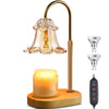 Warm brass electric candle warmer lamp with fluted glass shade and wooden base, includes remote and bulb variants.