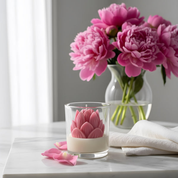 Glass jar candle with pink lotus flower-shaped wax design on white marble surface.