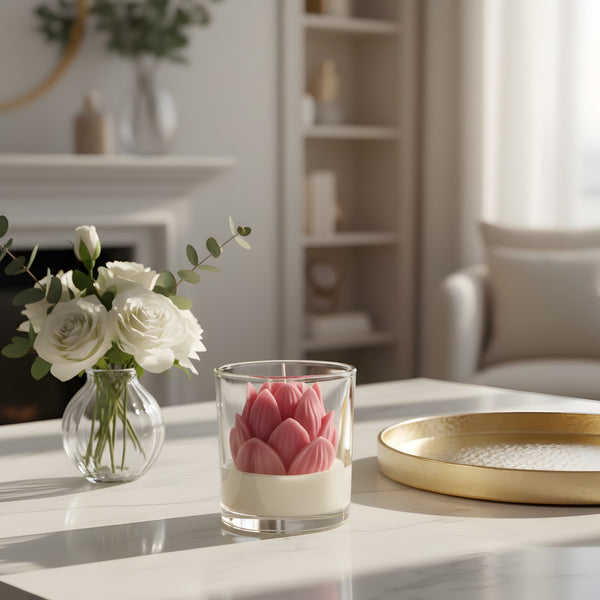 Glass jar candle with pink lotus flower-shaped wax in modern living room setting.