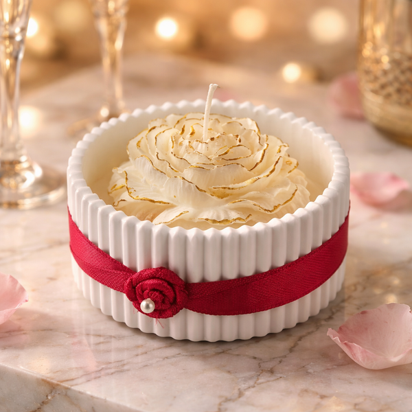White ceramic jar with ribbed design, decorated with red ribbon and small rose embellishment, filled with swirled.