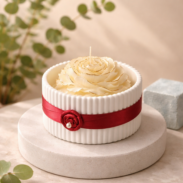 White ceramic jar candle with ribbed sides, topped with cream rose-shaped wax, tied with red ribbon and rose embellishment.