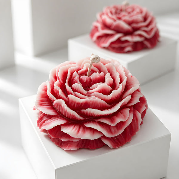 Handcrafted large peony candle in white and pink, detailed floral design perfect for elegant home decoration
