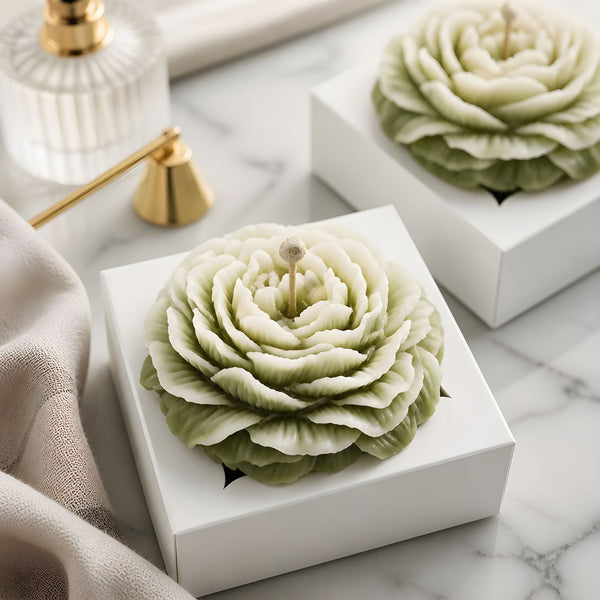 Realistic white and green peony candle, large decorative floral candle for centerpieces and cozy ambiance