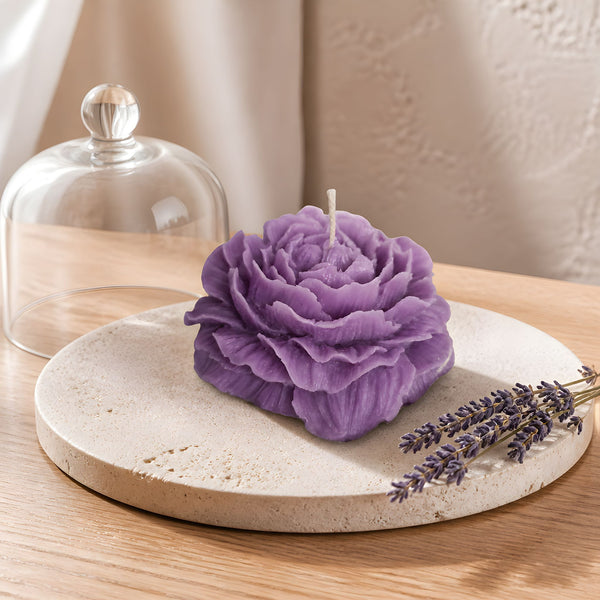 Large handmade peony candle in purple, perfect for romantic décor, weddings, and gifts
