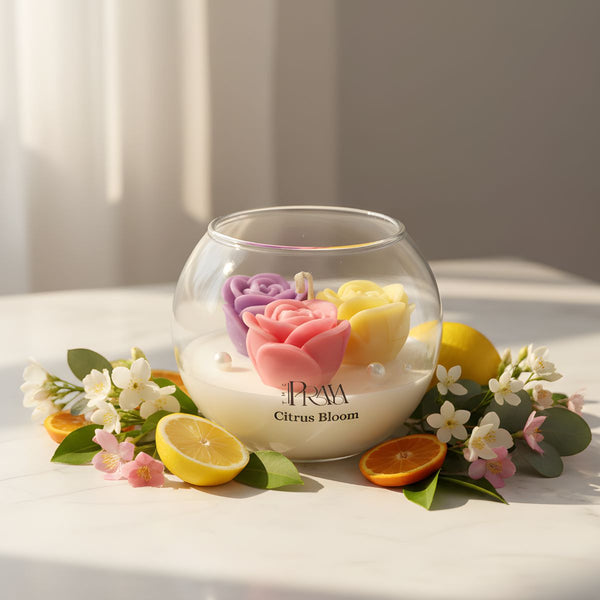 Round glass jar candle with pastel rose-shaped wax melts in pink, purple, and yellow, surrounded by citrus fruits and white.
