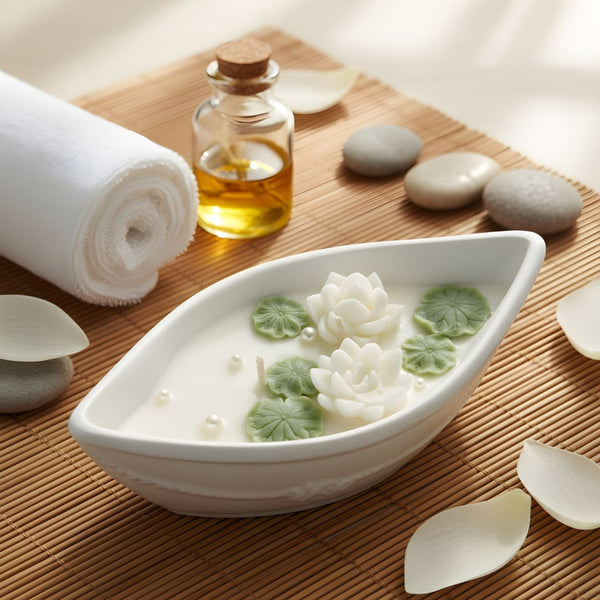 White ceramic candle with lotus-shaped wax melts and green leaf accents on wooden surface.