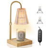 Brass electronic candle warmer lamp with pleated glass shade and wooden base, remote control shown nearby.