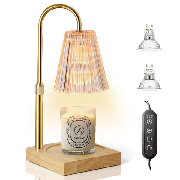 Brass electronic candle warmer lamp with pleated glass shade and wooden base, remote control shown nearby.