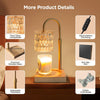 Electric candle warmer lamp with clear glass lampshade, wooden base, adjustable arm, and electrodeless dimmer switch.