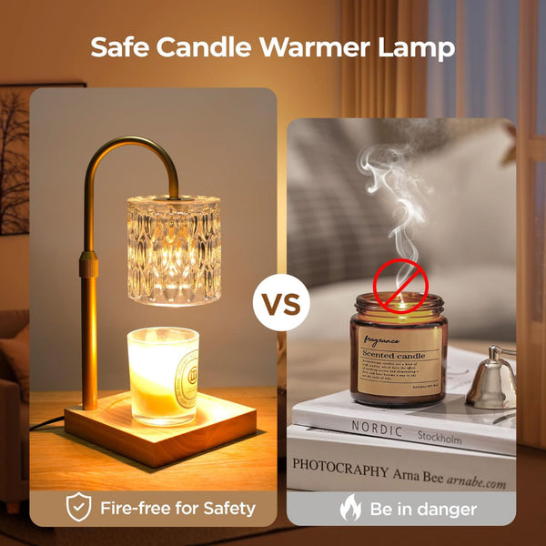 Electric candle warmer lamp with crystal glass shade and gold metal frame heating a white candle safely without flame.