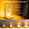 Electric candle warmer lamp with amber glass shade, wooden base, and black adjustable control panel with timer and.