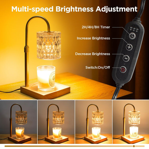 Electric candle warmer lamp with amber glass shade, wooden base, and black adjustable control panel with timer and.