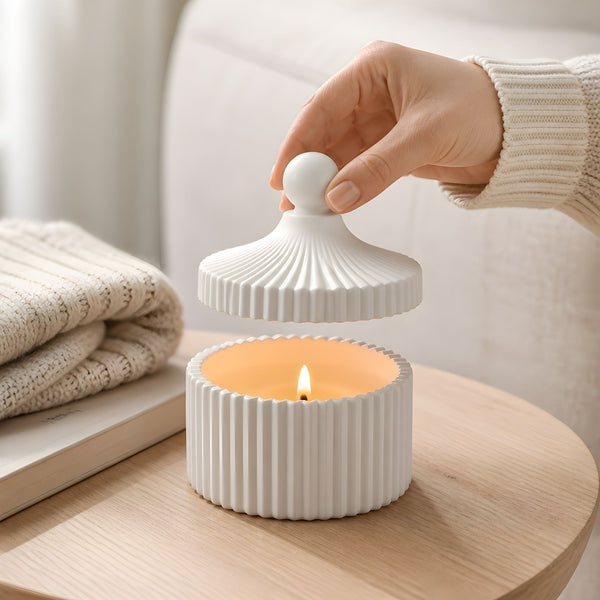 Reusable handmade ceramic candle jar with soy wax and cotton wick for stylish home décor and gifting