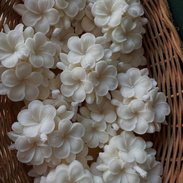 White floral-shaped aromatic candles arranged in a woven basket.