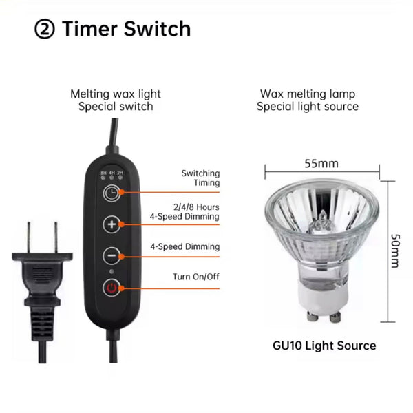 Black electronic candle warmer lamp timer switch with labeled buttons and a GU10 light bulb displayed with dimensions.