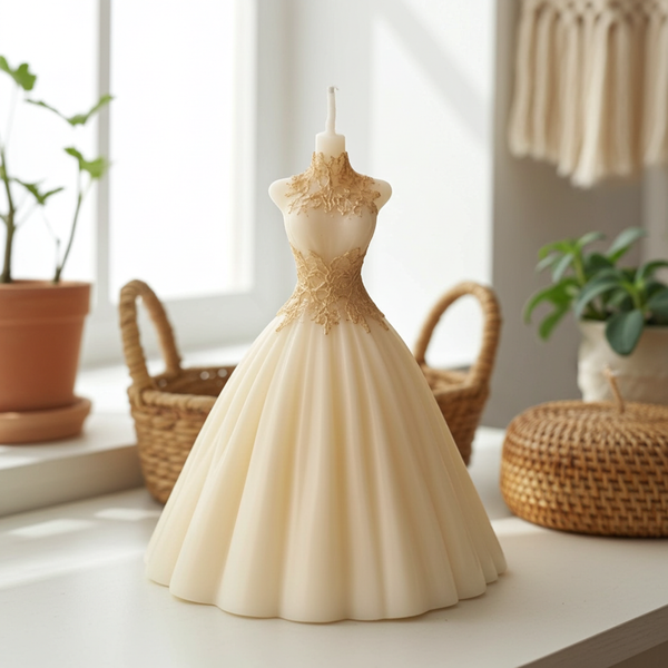 Ivory bridal gown-shaped candle with detailed floral lace bodice and full skirt on white surface.